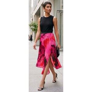 DKNY Pink Printed Pleated Chiffon Asymmetric Midi Skirt Elastic Waist Medium